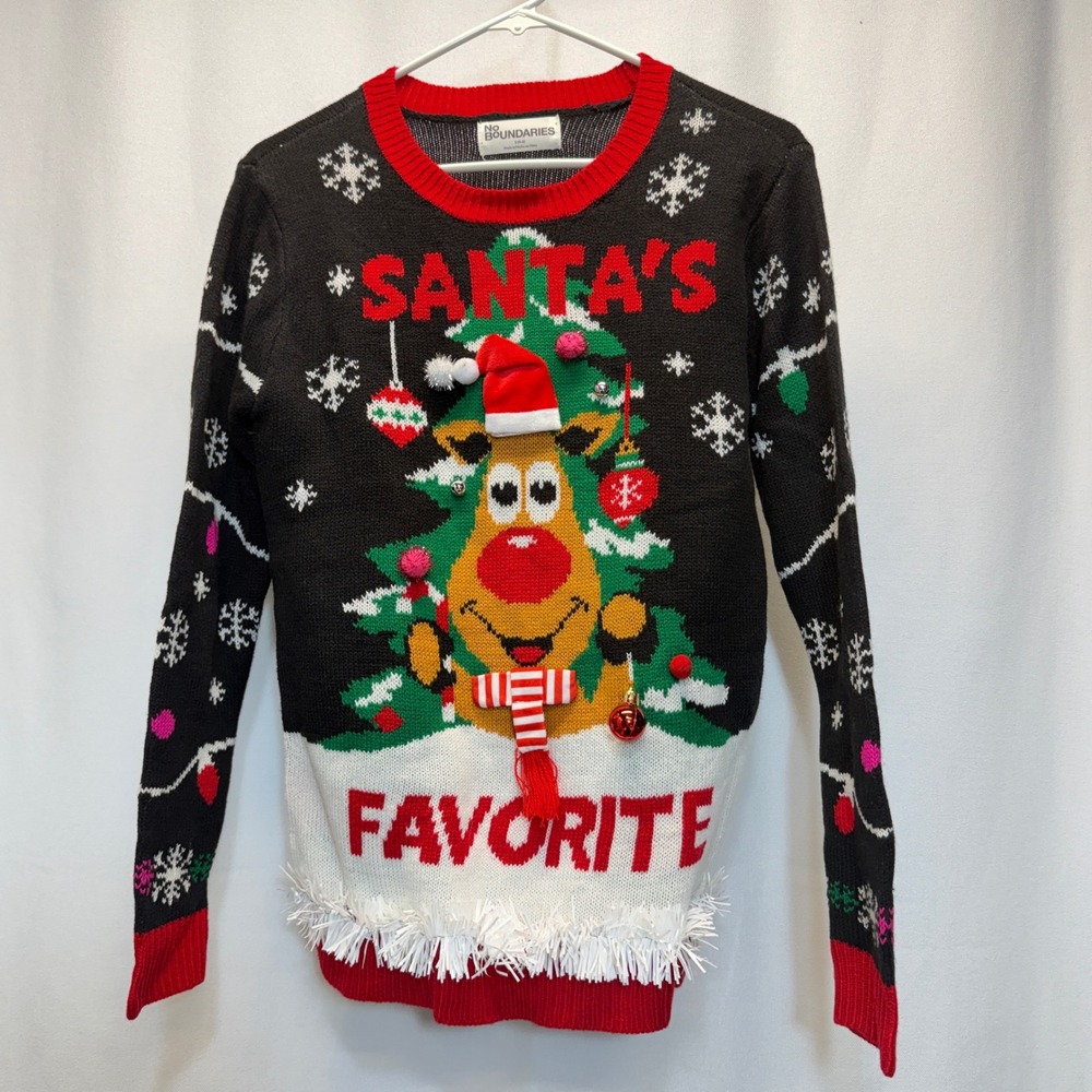 No Boundaries Ugly Christmas Sweater Women Small Black Santa's Favorite Reindeer